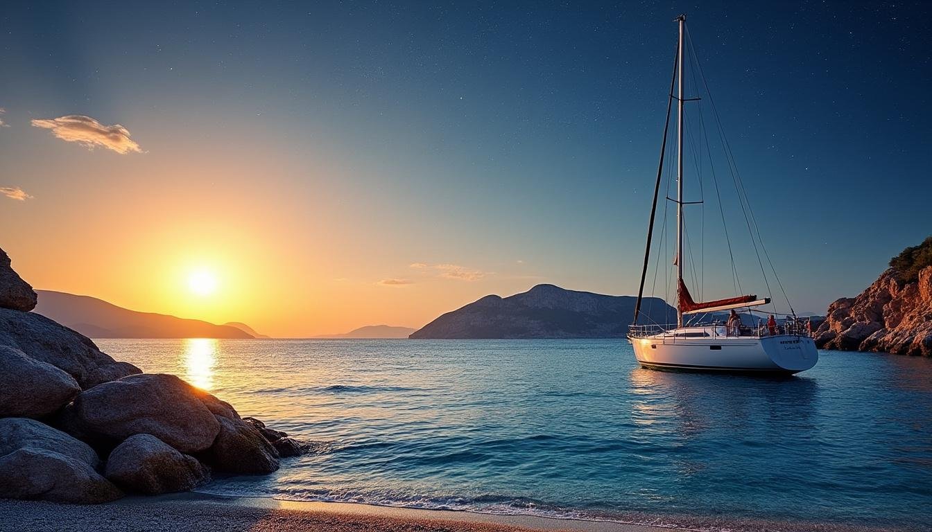 vivez une nuit magique au mouillage dans une crique grecque, où le silence apaisant et le ciel étoilé créent une expérience inoubliable de calme et de beauté naturelle.