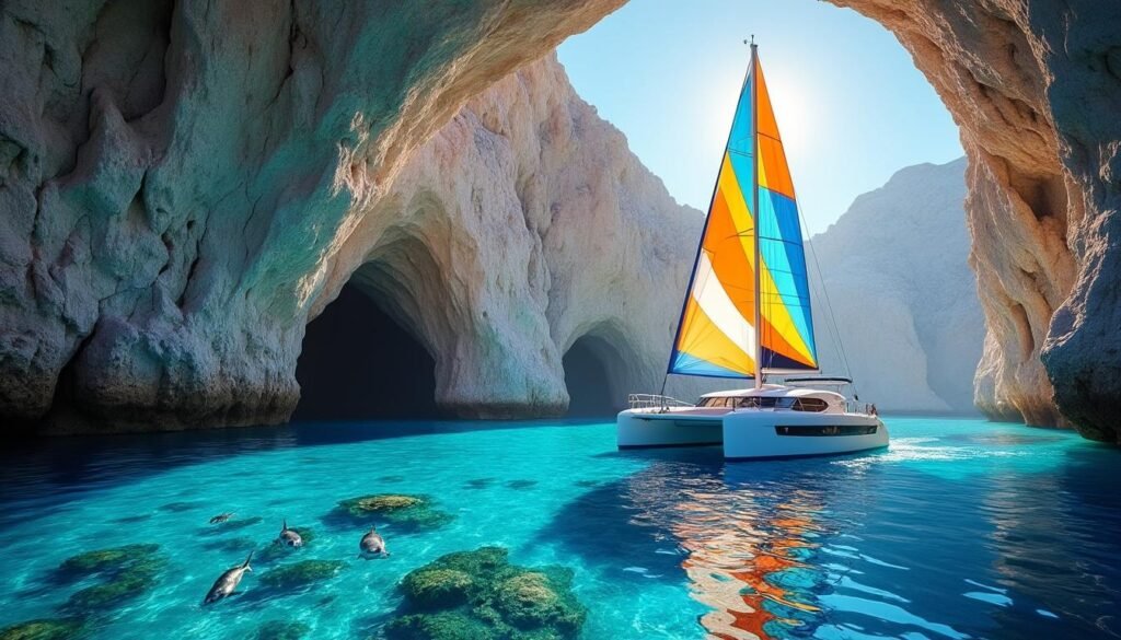 découvrez les magnifiques grottes marines de crète à bord d'un catamaran. explorez des paysages marins spectaculaires et profitez d'une aventure inoubliable en méditerranée.